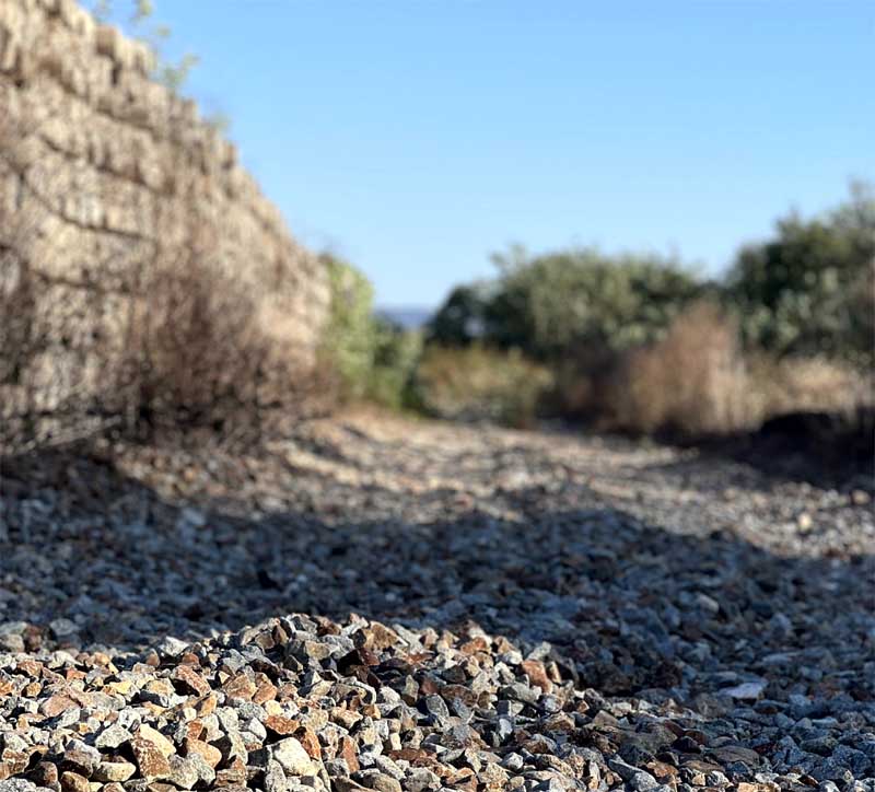 텅 빈 철로에 남겨진 선로 자갈과 잡초