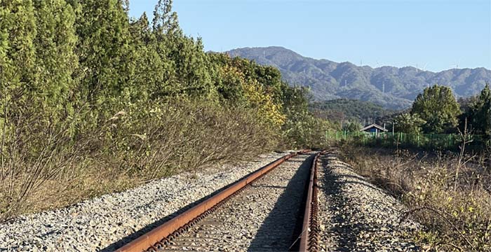 폐 철로 뒤로 보이는 폐역된 불국사역